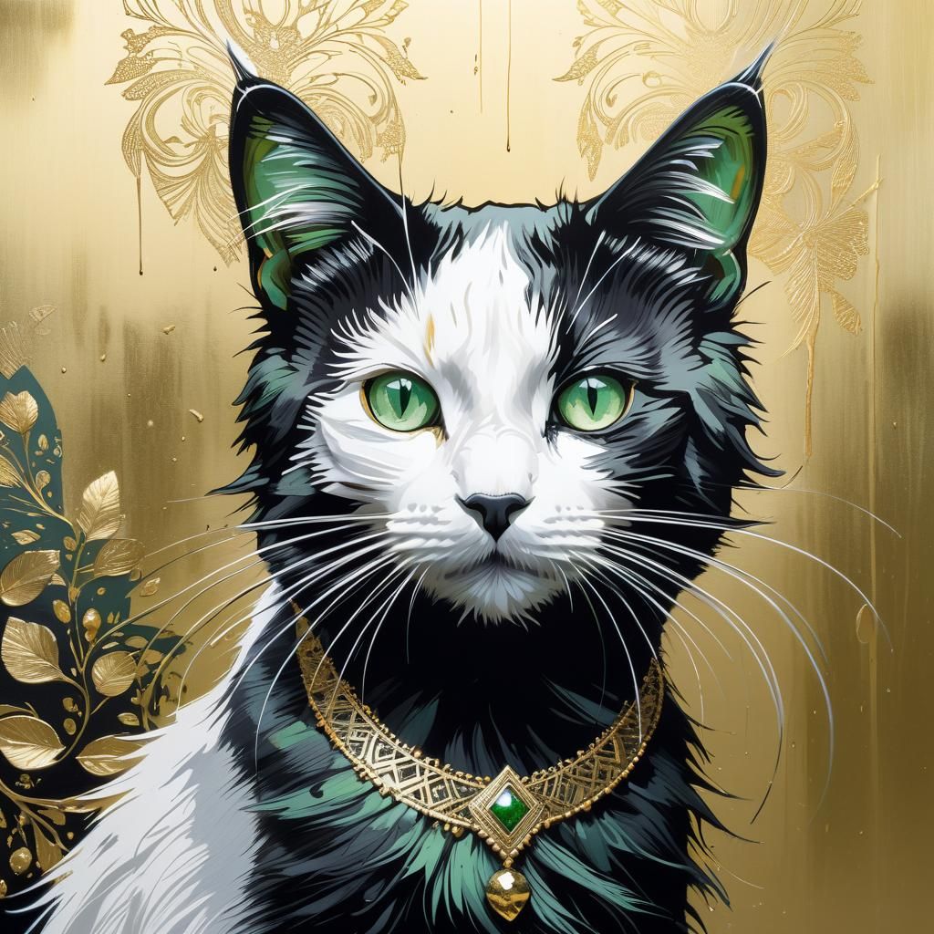 Black and White Cat Portrait with Green Eyes