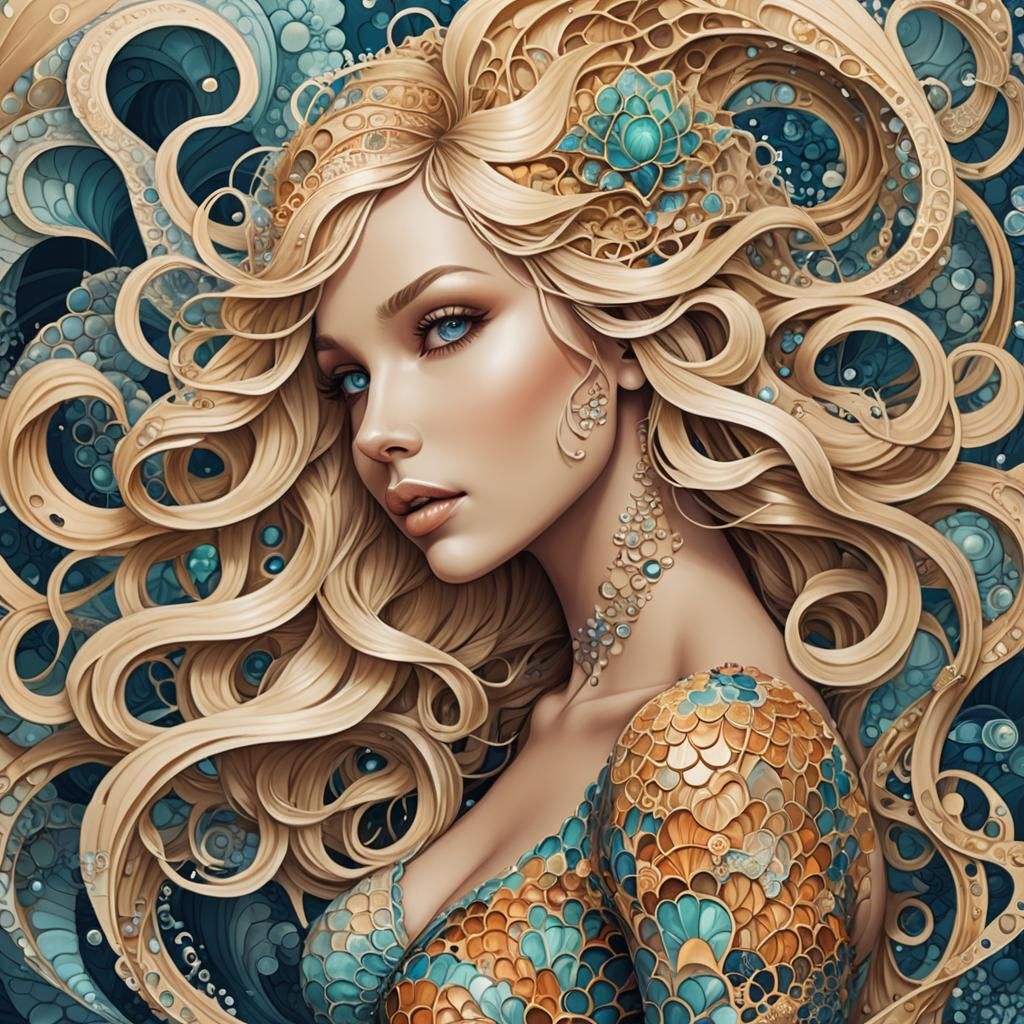 Blonde Mermaid in Deep Ocean with 3D Shading