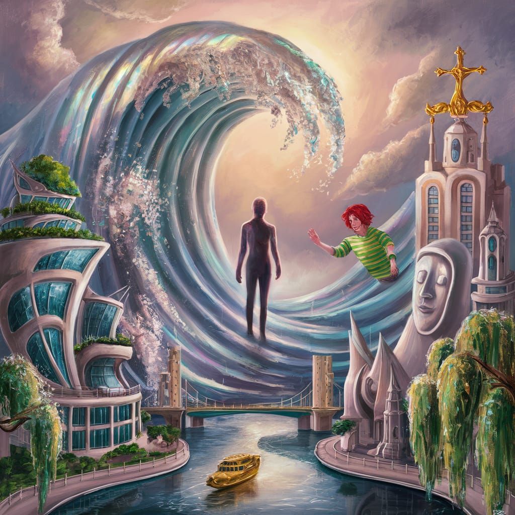 Dreamlike Cityscape with Iridescent Wave Structure