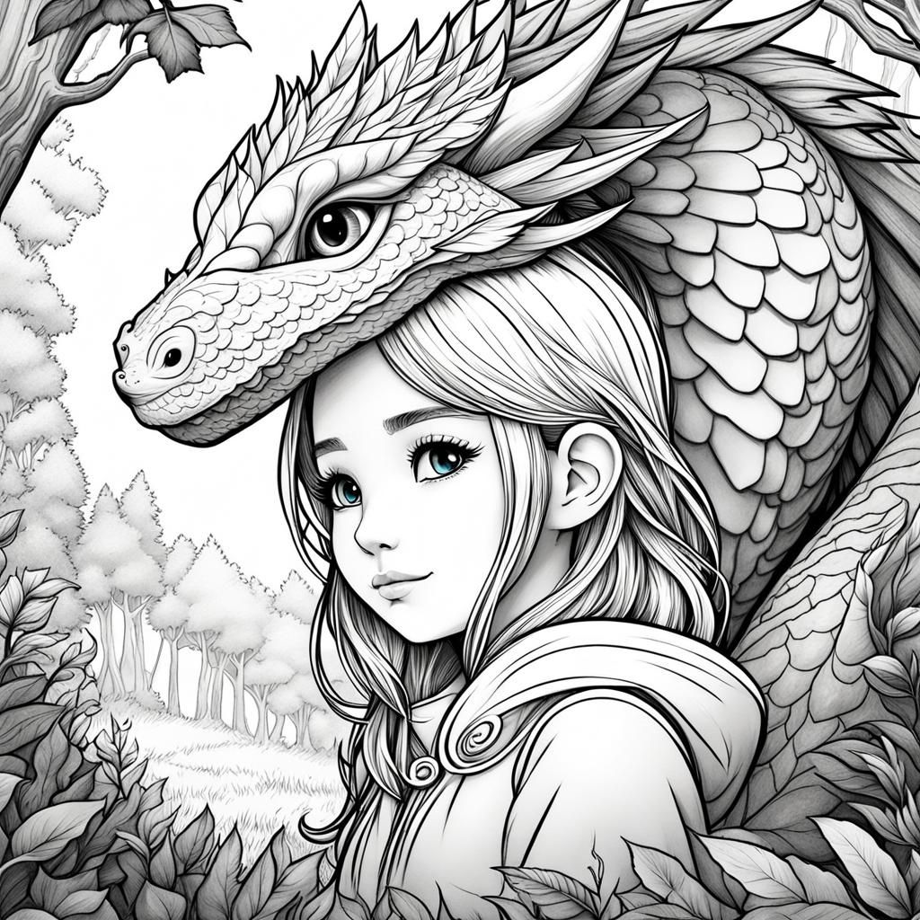 Chibi Girl and Rainbow Dragon Line Art
