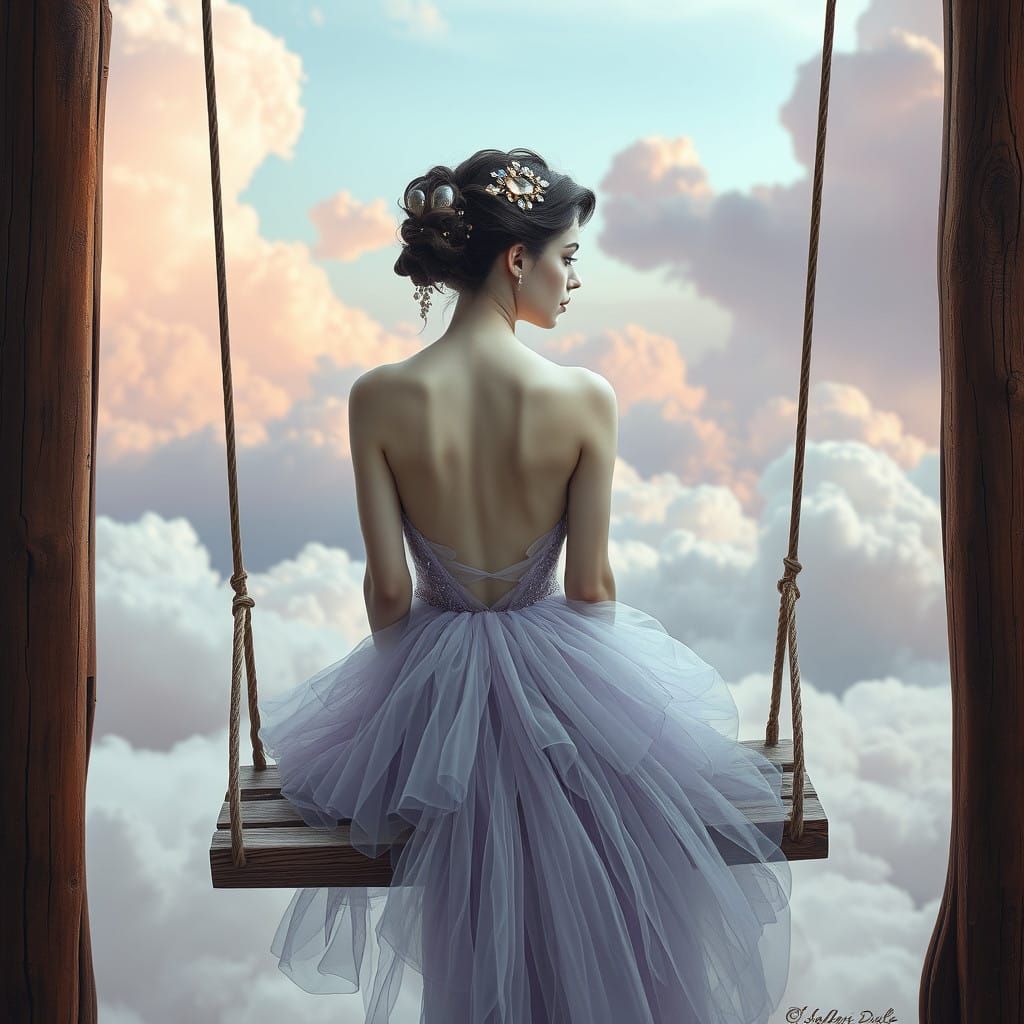 Surrealist Goddess Swaying in Ethereal Clouds