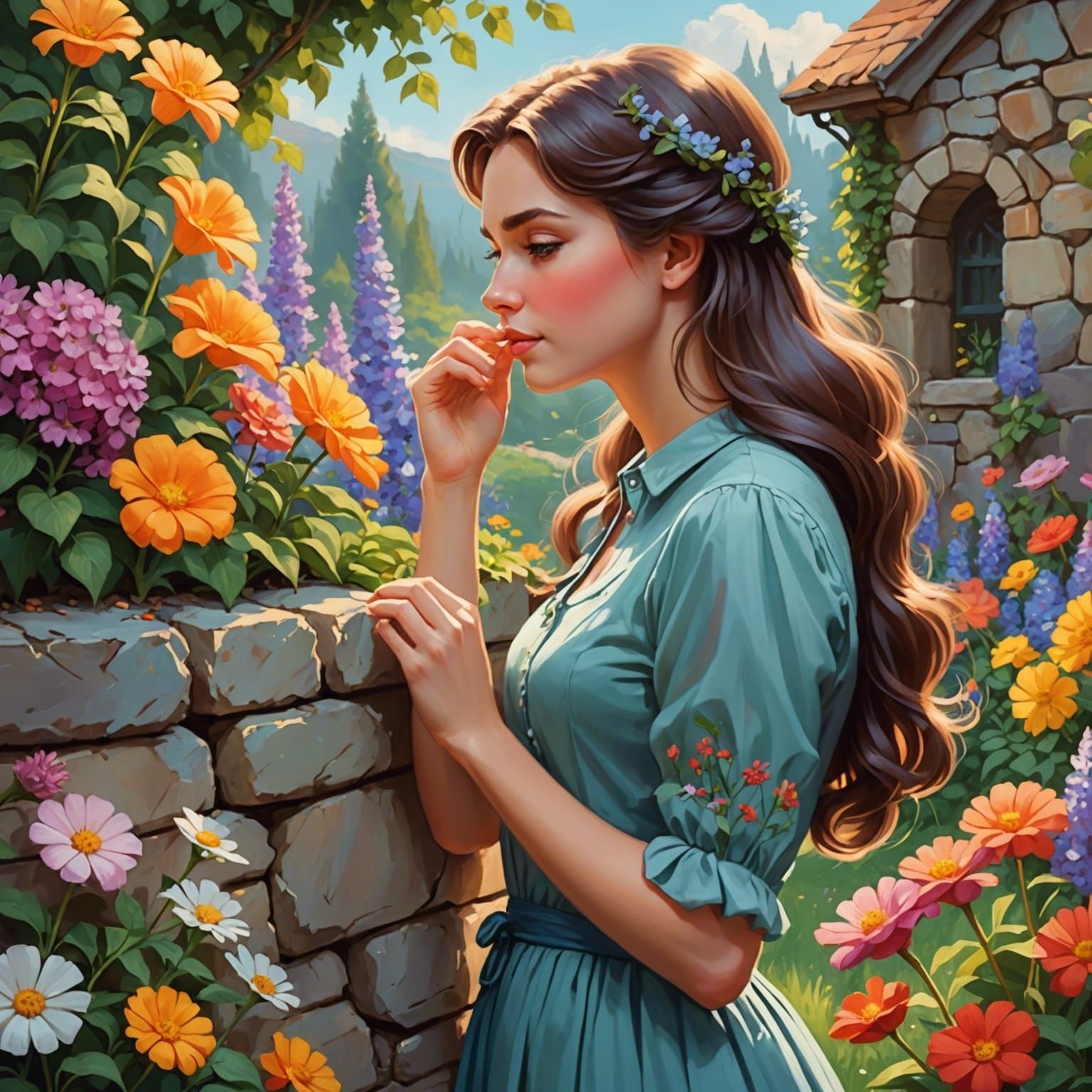 Painterly Cartoon: Woman Smelling Flower in Garden