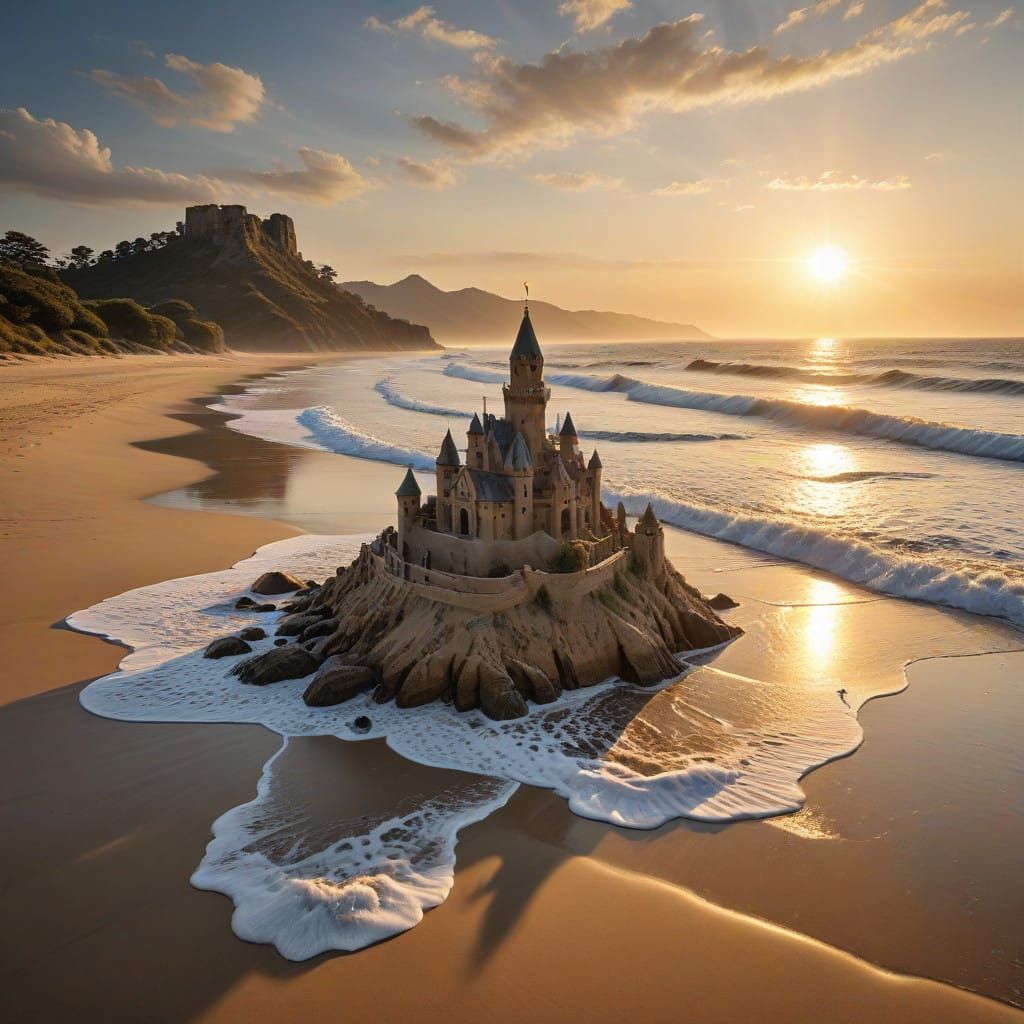 Majestic Sandcastle Illuminated by Warm Sunset Light