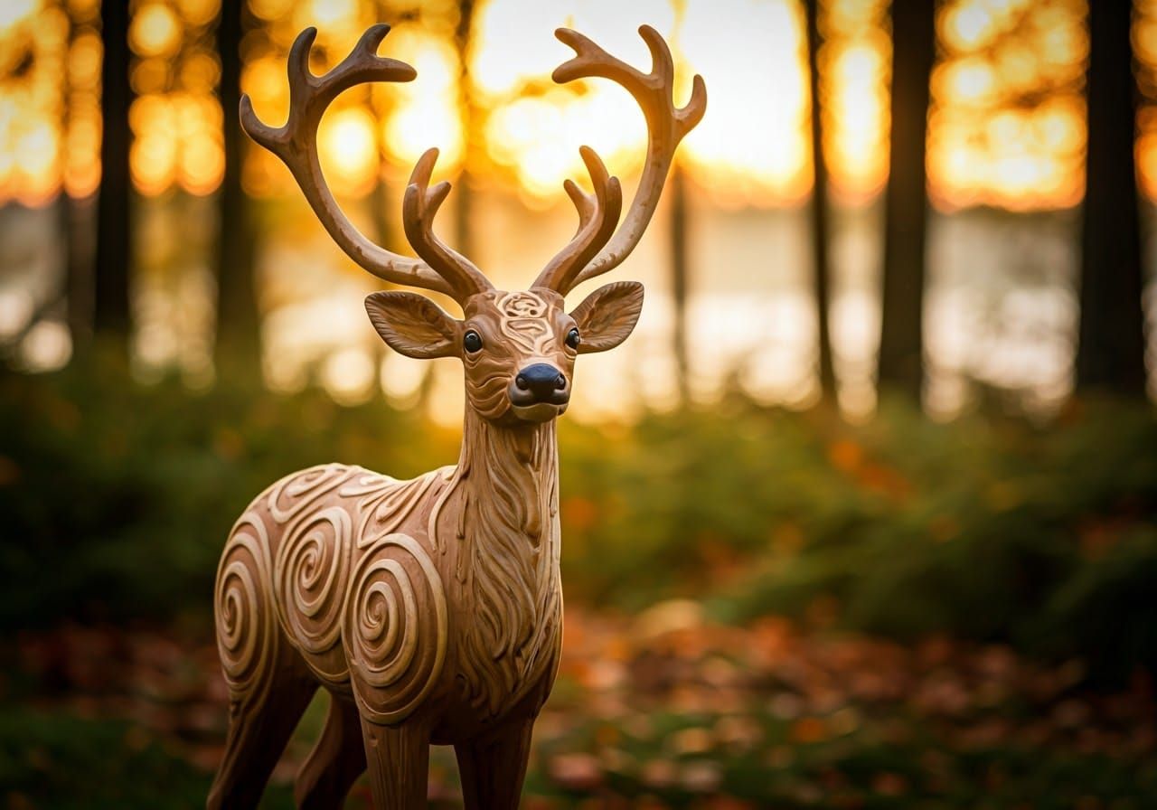 Wooden Reindeer Sculpture in Nordic Folk Art Style