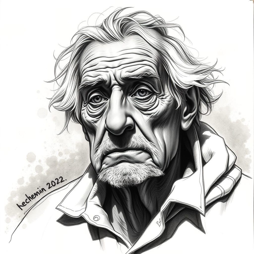 Elderly Man in Dark Ages Style Portrait Drawing