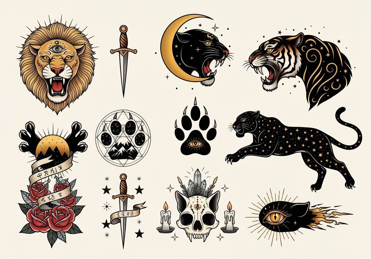 Mystical Big Cat Tattoo Flash Art in Traditional Style
