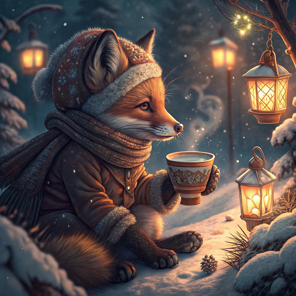 Baby Fox Enjoying Hot Chocolate: Fantasy Concept Art