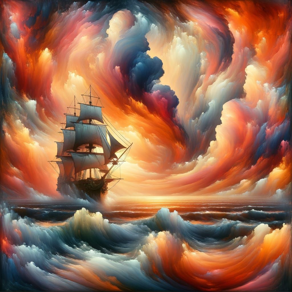 Pirate Ship Meets Cosmic Abstract in a Vibrant Sunset