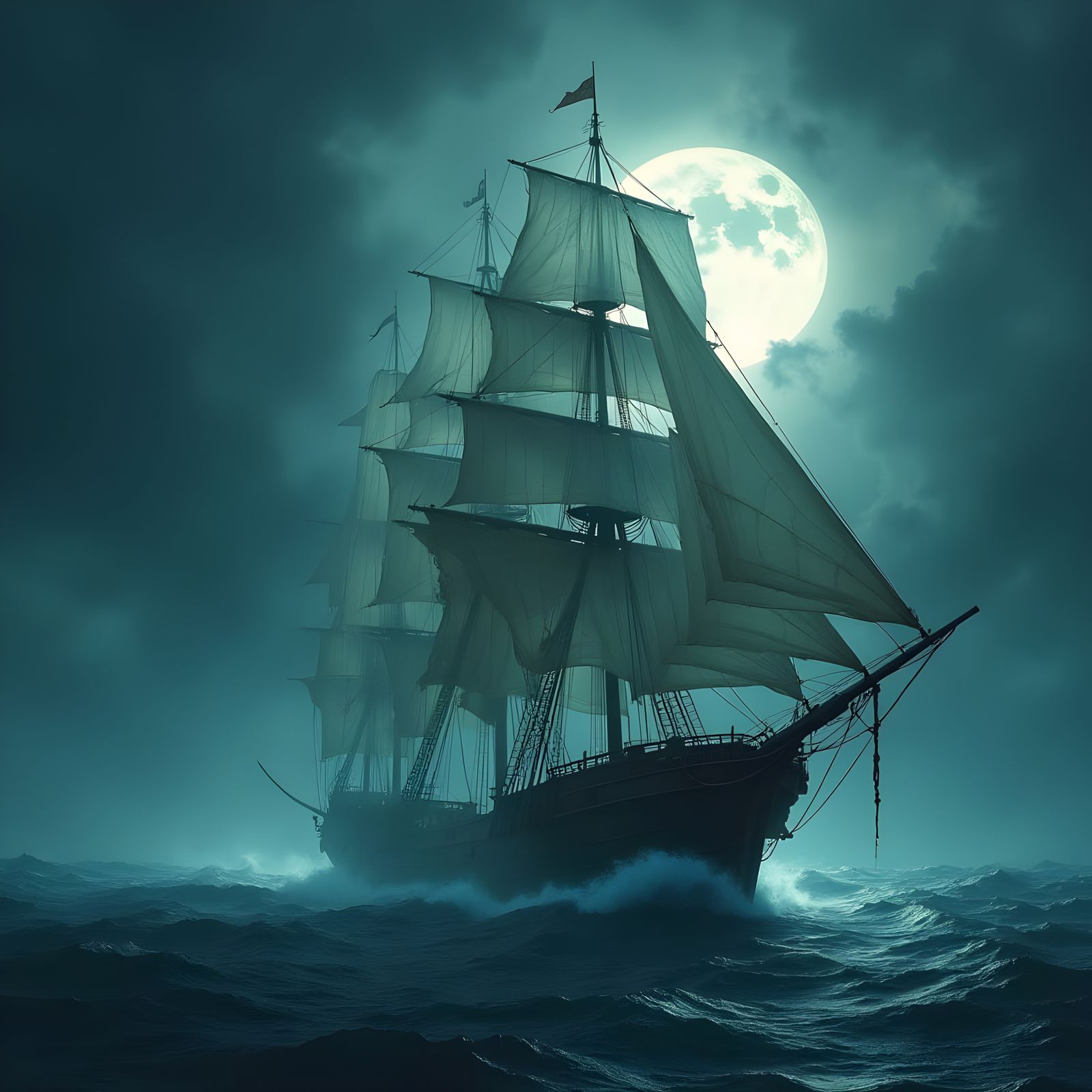 Moonlit Ghost Ship Sails the Stormy Sea in Haunting Style