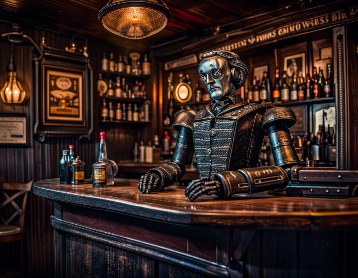 Robot Edgar Allan Poe Tending Bar