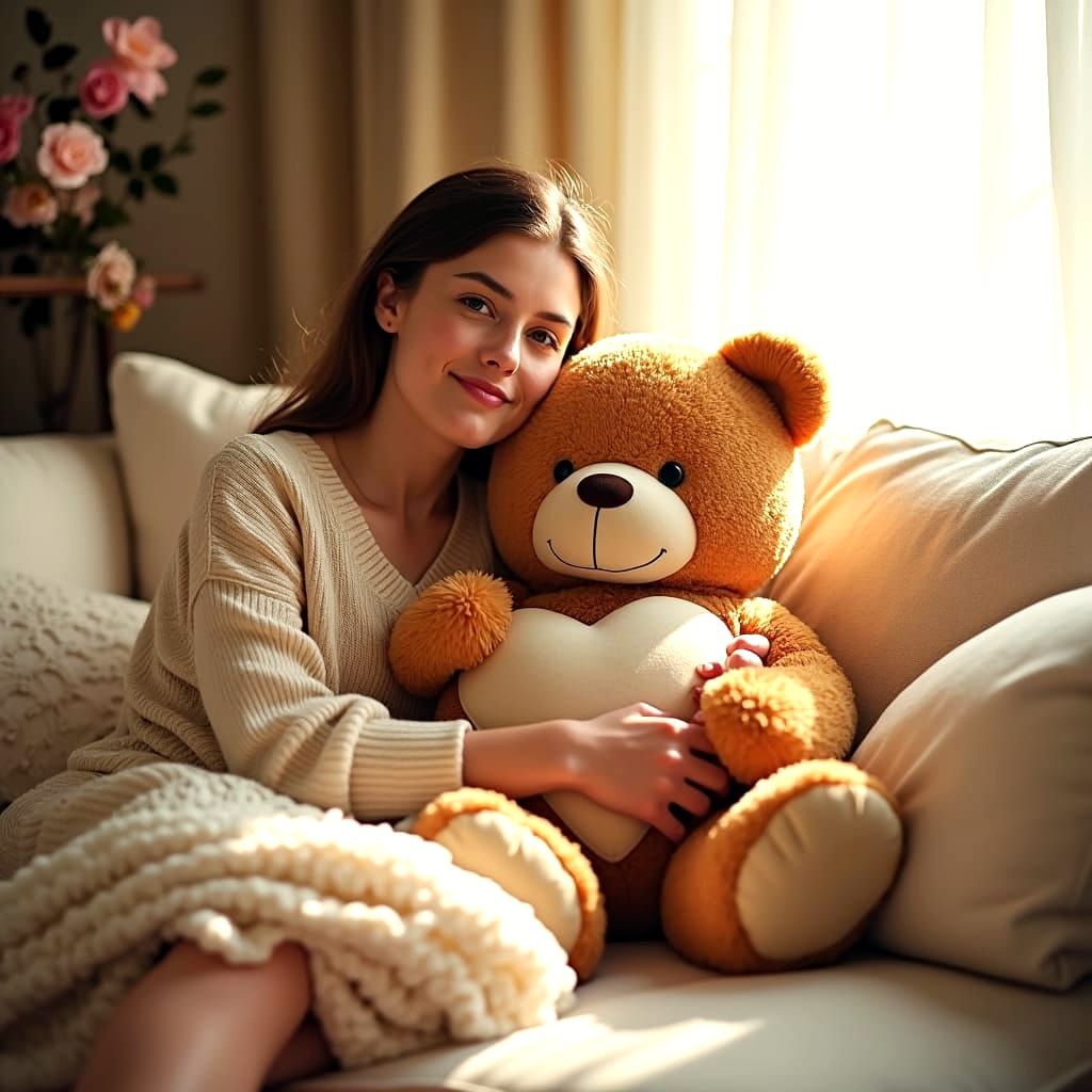 Cute Teddy Bear with Smiling Woman on Sofa