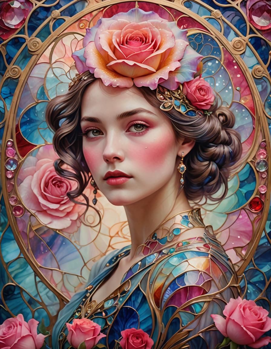 Ethereal Art Nouveau Woman Portrait with Rose