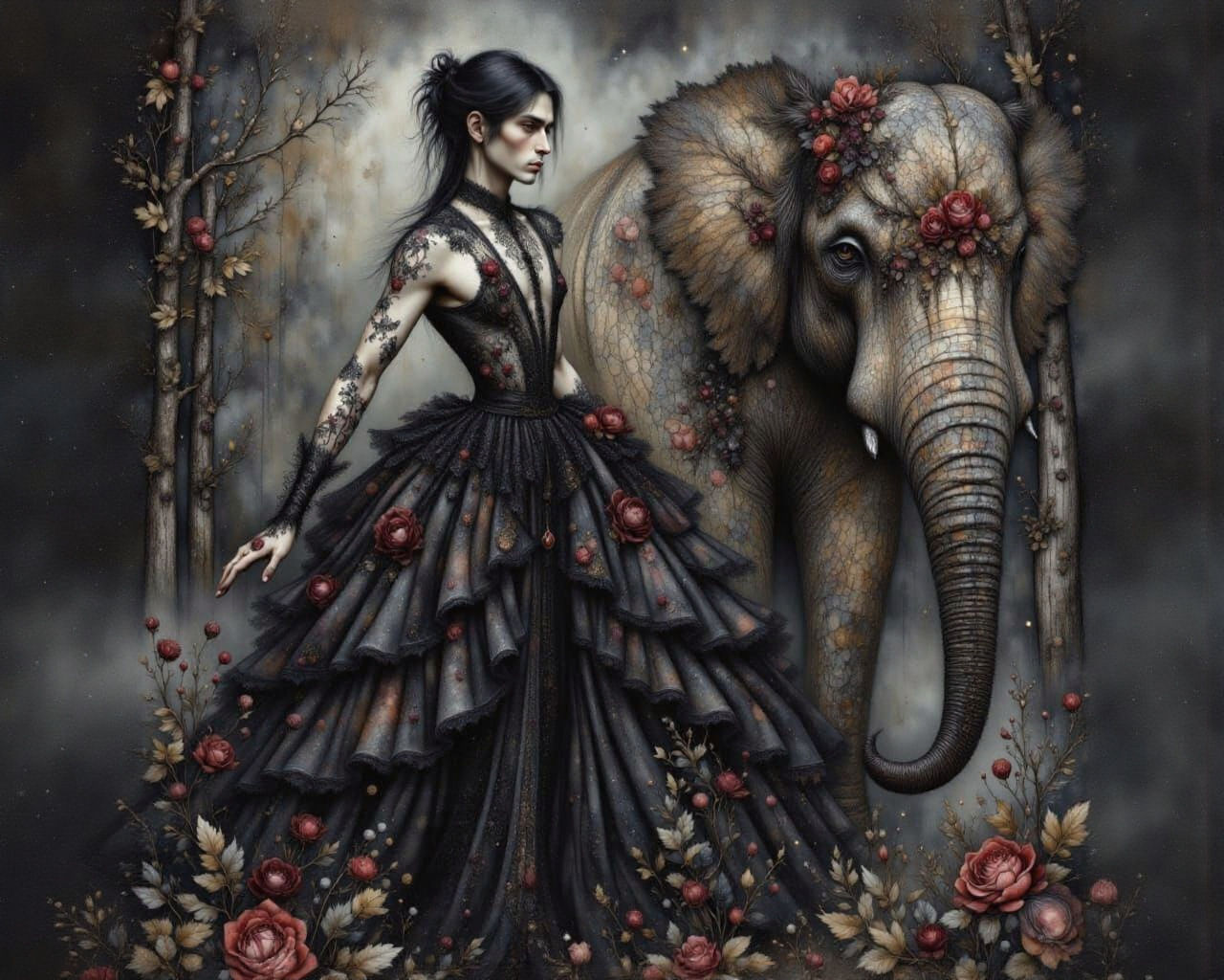 Goth Man in Rococo Gown with Elephant in Dark Fantasy