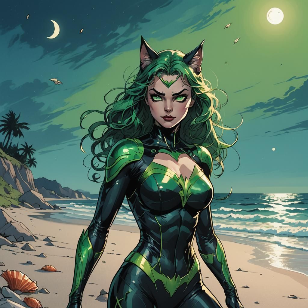 Cat Woman on Seashore in Comic Book Style