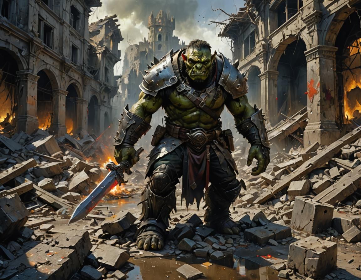 Orc Champion of Chaos in Devastated City