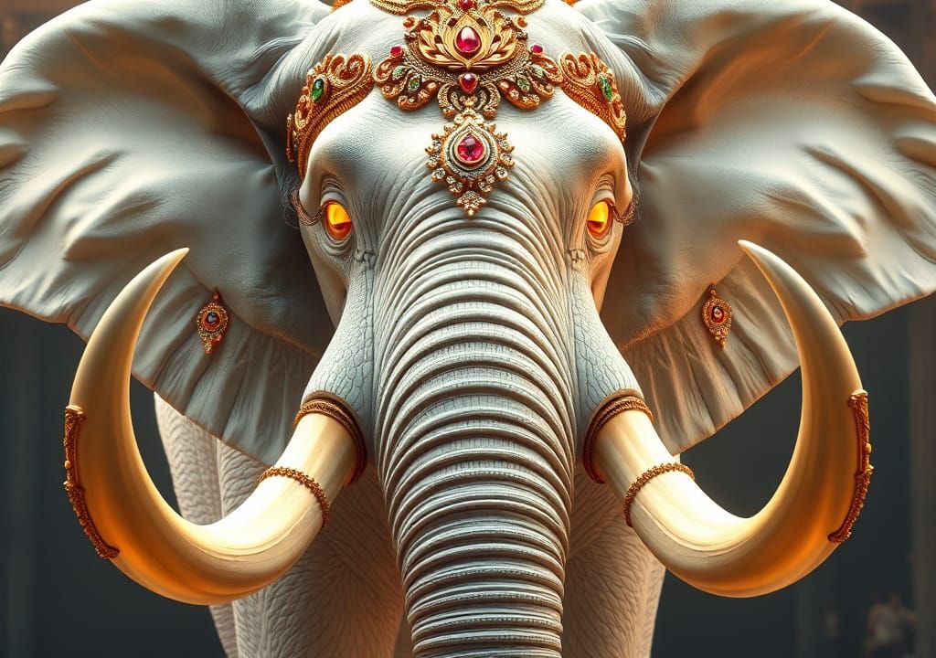 Majestic White Elephant with Gold and Jewel Adornments