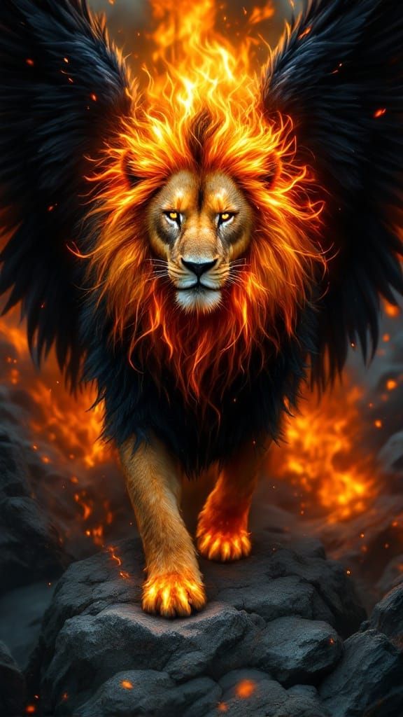 Fiery-Maned Lion with Black Wings in Golden Light