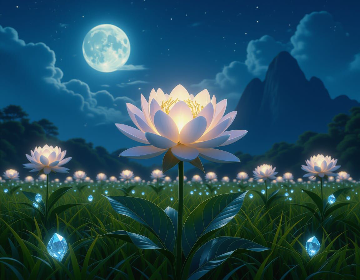 Moonstone Gem Fantasy Flower in Tropical Landscape