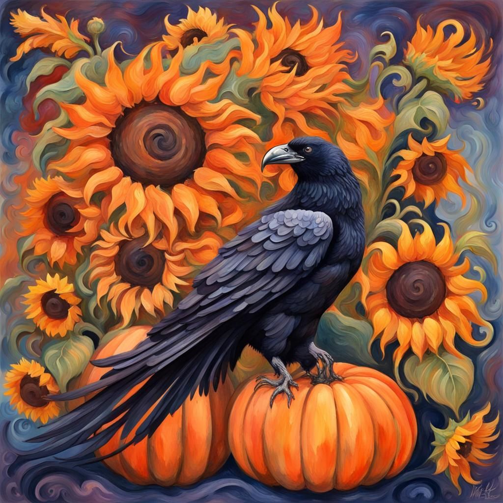 Impressionist Raven in a Swirly Pumpkin Patch