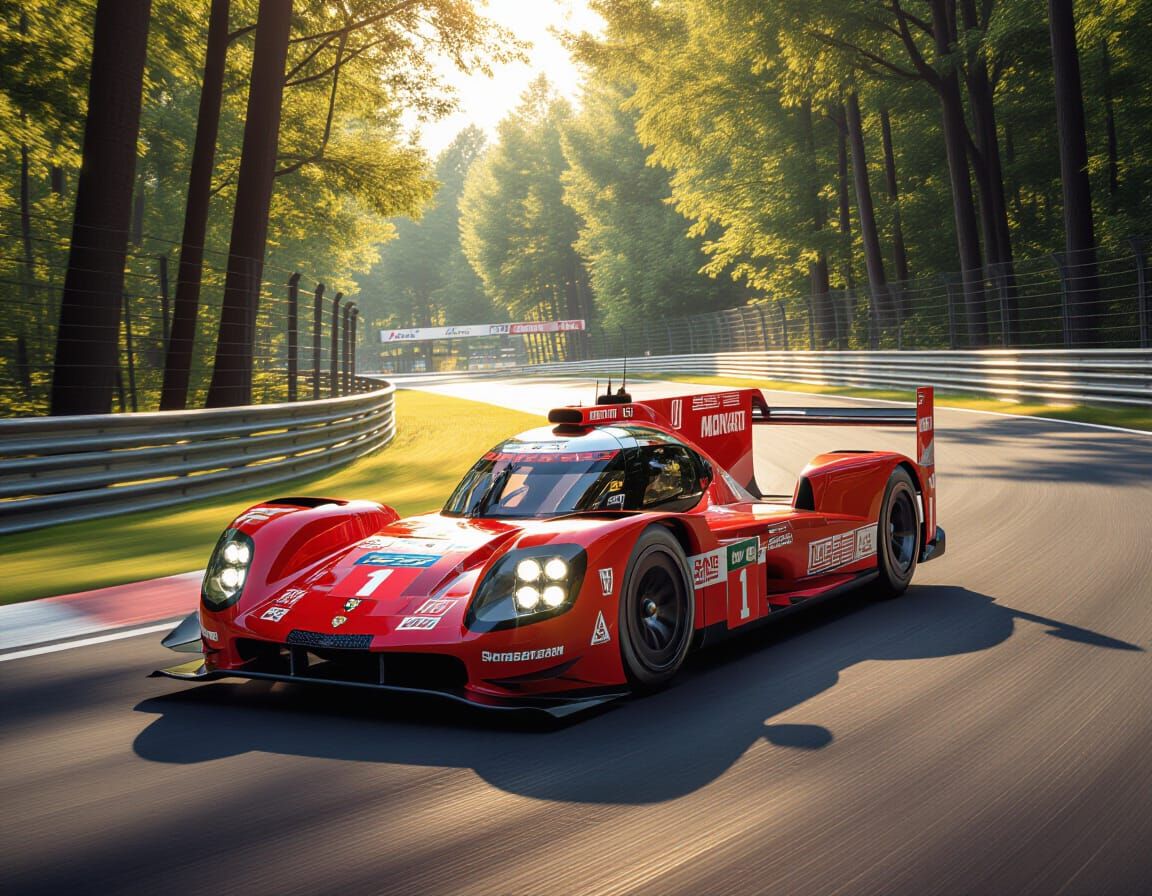 Red Porsche 919 Race Car Speeds Through Le Mans Curves
