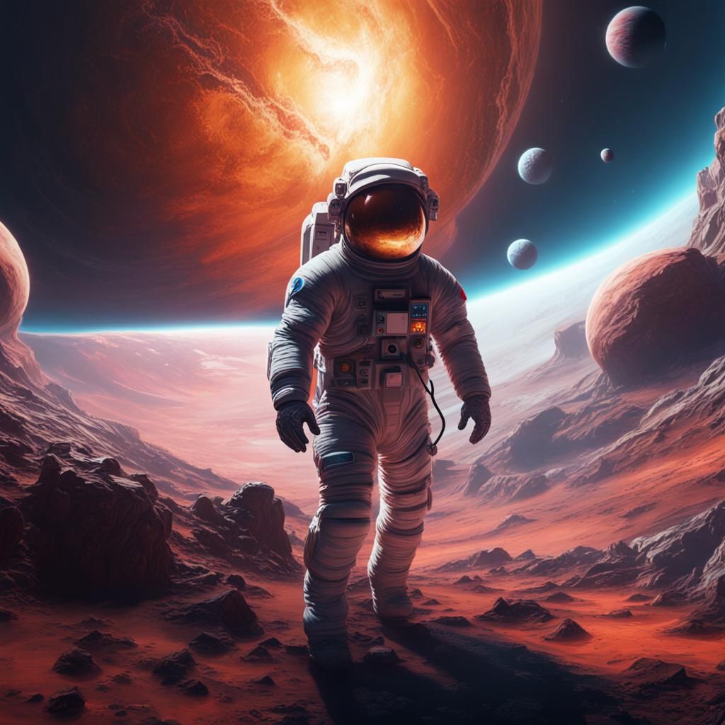 Astronaut Spacewalk Near Planet, Detailed Matte Painting