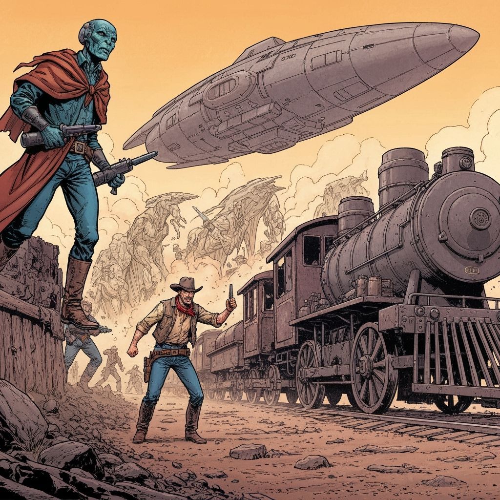 Wild West Train Robbery with Aliens in Comic Style