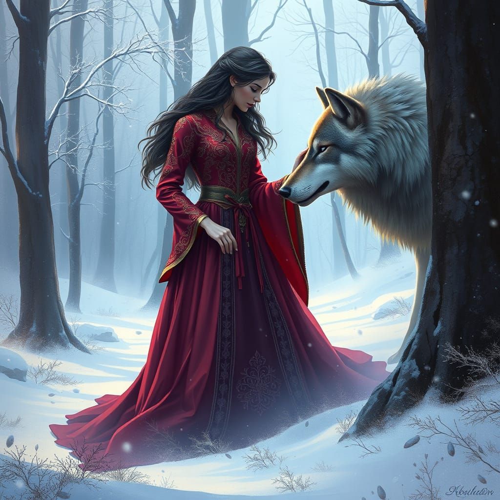 A woman in a flowing red dress gently touches a wolf's face amidst a snowy forest, creating a serene and intimate moment...