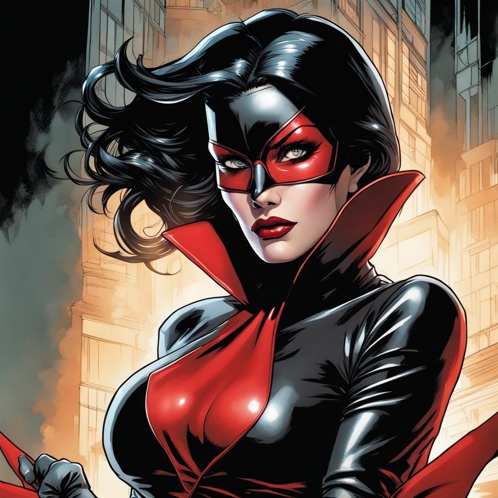 Female villain, black hair, long gloves, black and red costume, half face mask, crazy look