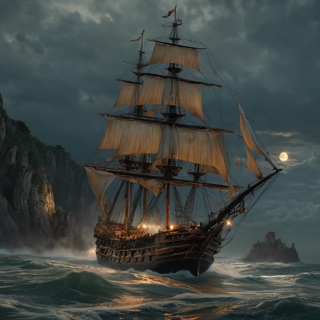 Sailing Ship Under Moonlight, Cinematic Film Still