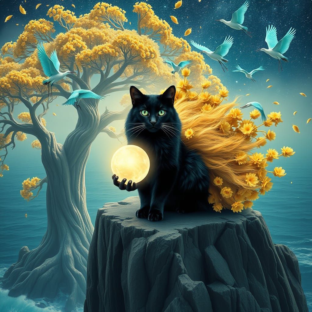 Golden Floral Cat with Turquoise Eyes