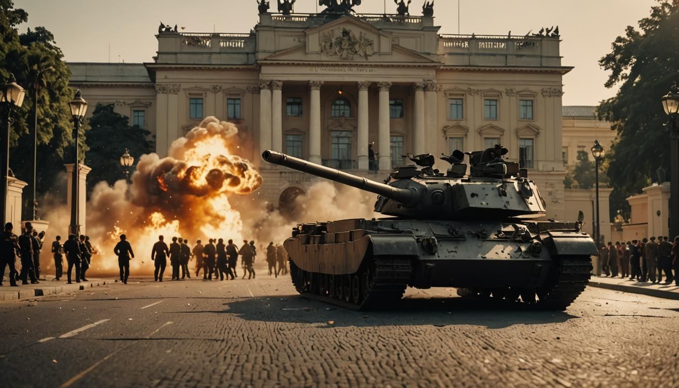 Tank Crashes Presidential Palace Gates: Cinematic Still