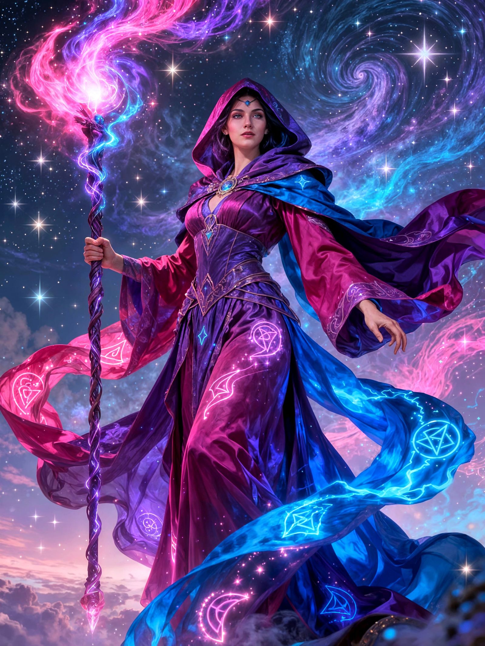 Majestic Sorceress in Swirling Magical Robes
