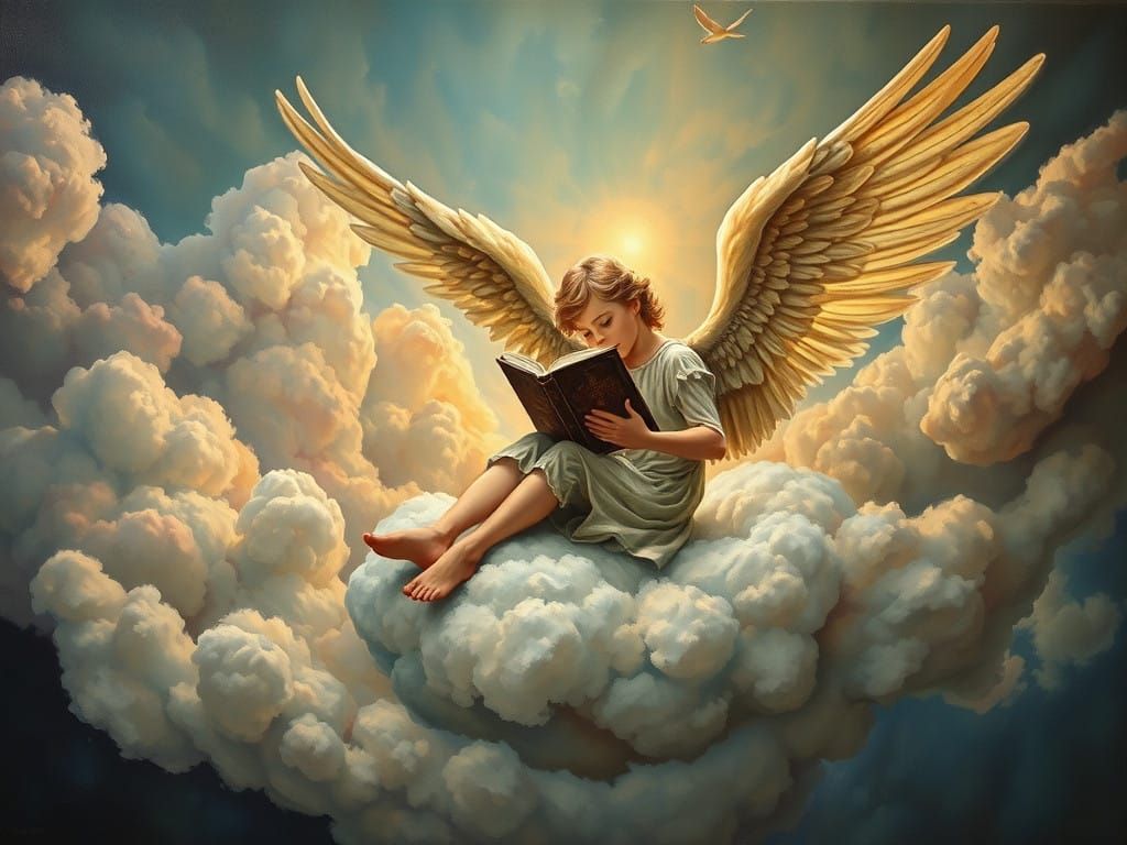 Angel Reads on a Floating Cloud Surrounded by an Alien Being...
