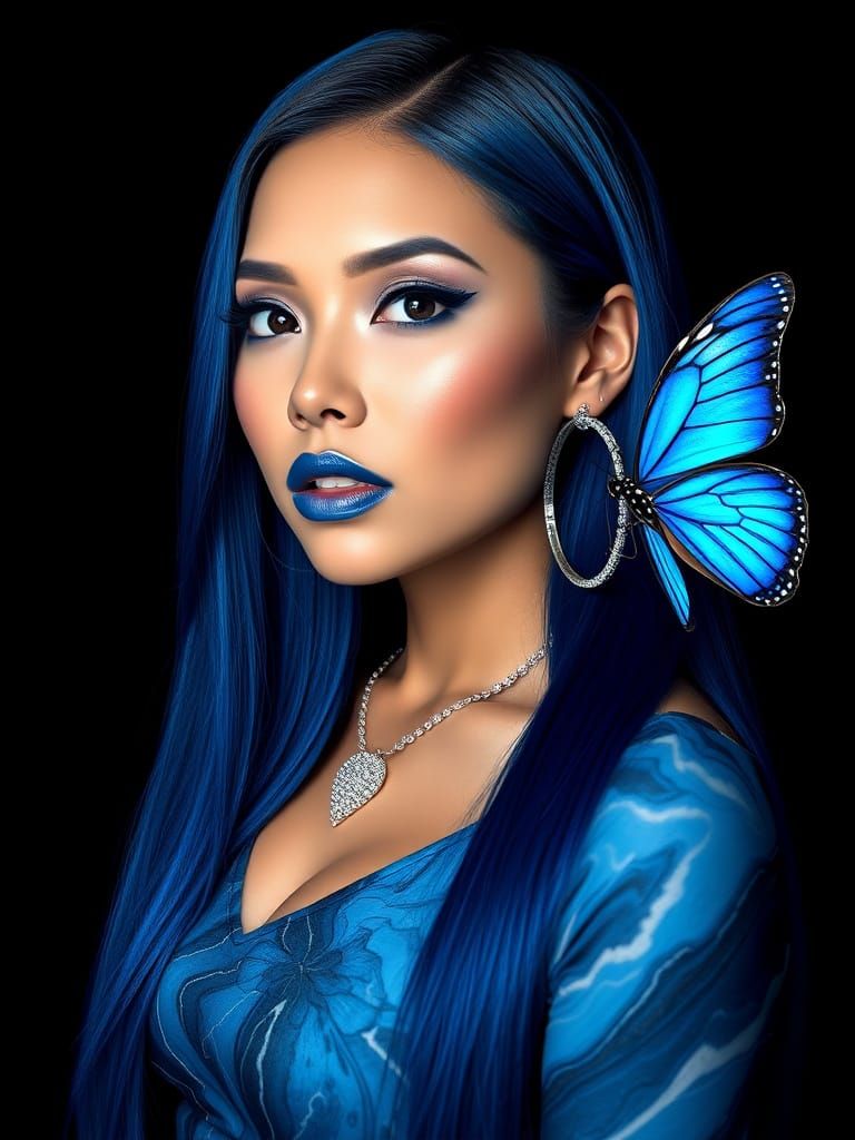 Glamorous Blue-Haired Woman with Butterfly and Diamonds