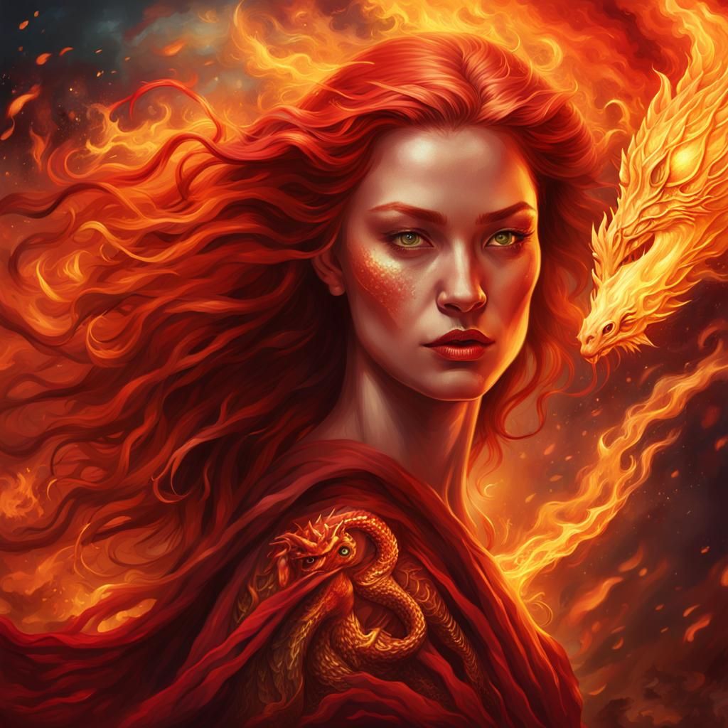 Woman Dissolving in Flames with Dragon, Fantasy Art