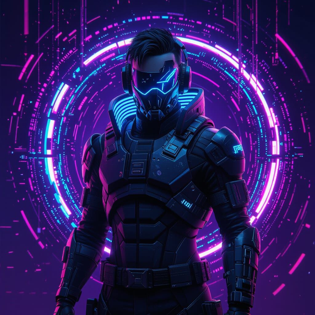 Cyberpunk Warrior in Neon Virtual Reality