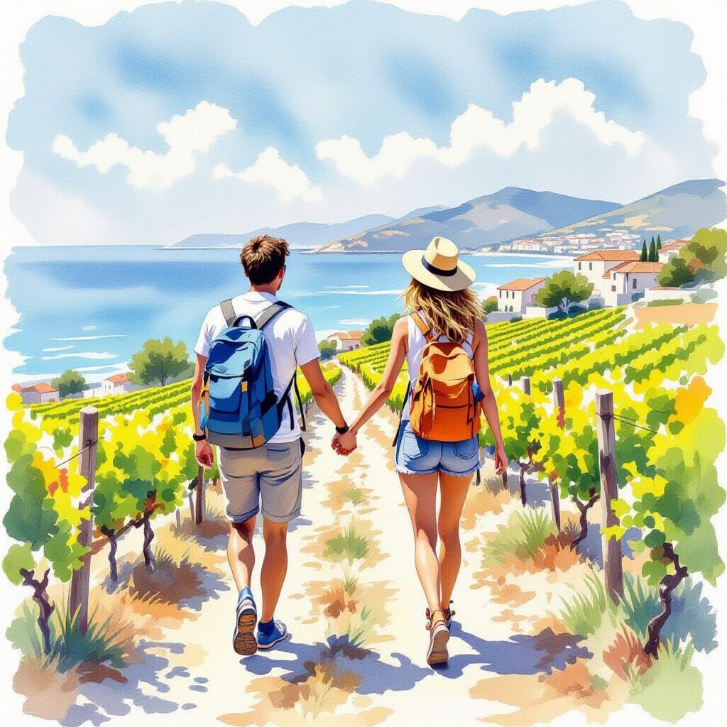 Mediterranean Hike Watercolor Painting in Impressionist Styl...