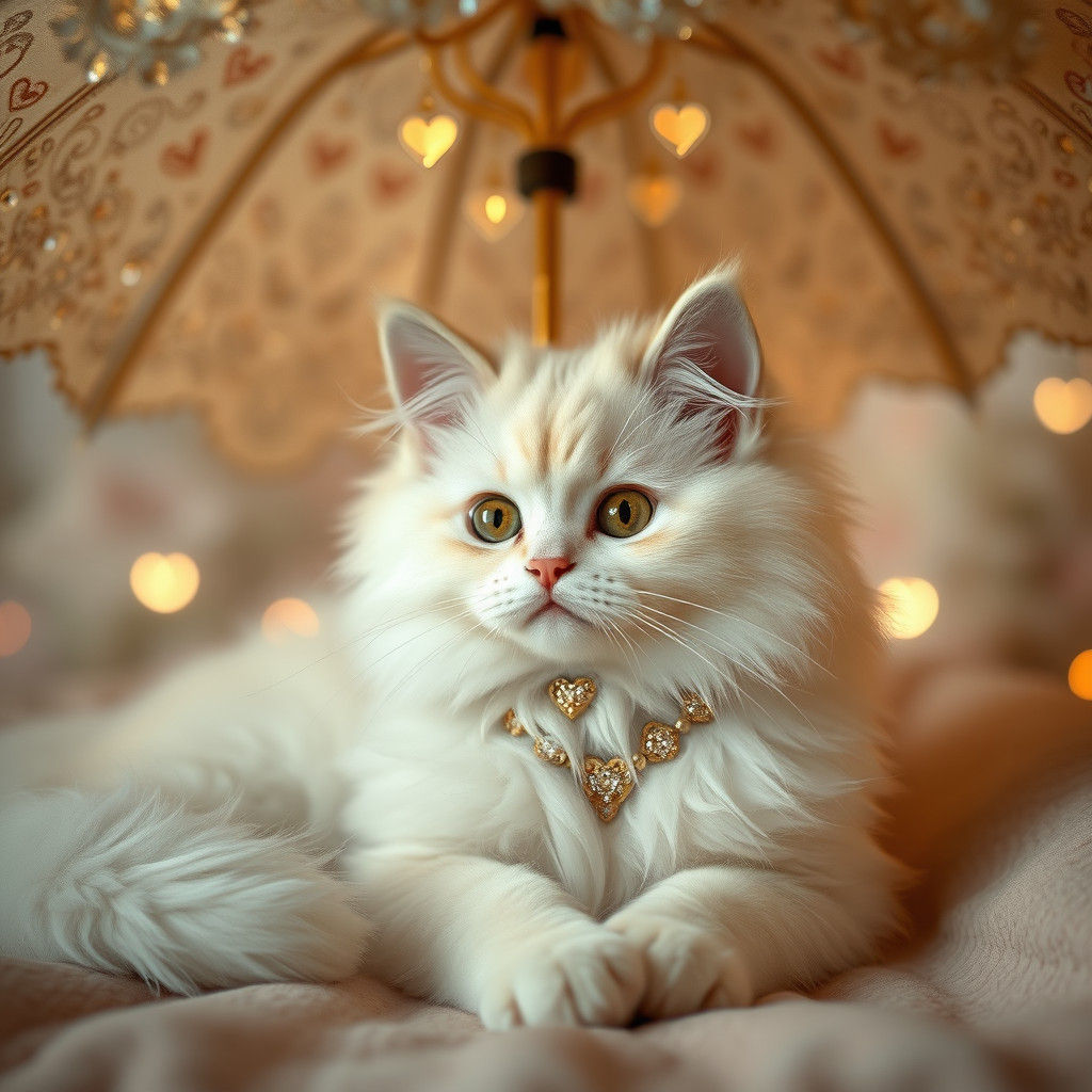 Angora Kitten Under Crystal Umbrella: 3D Render