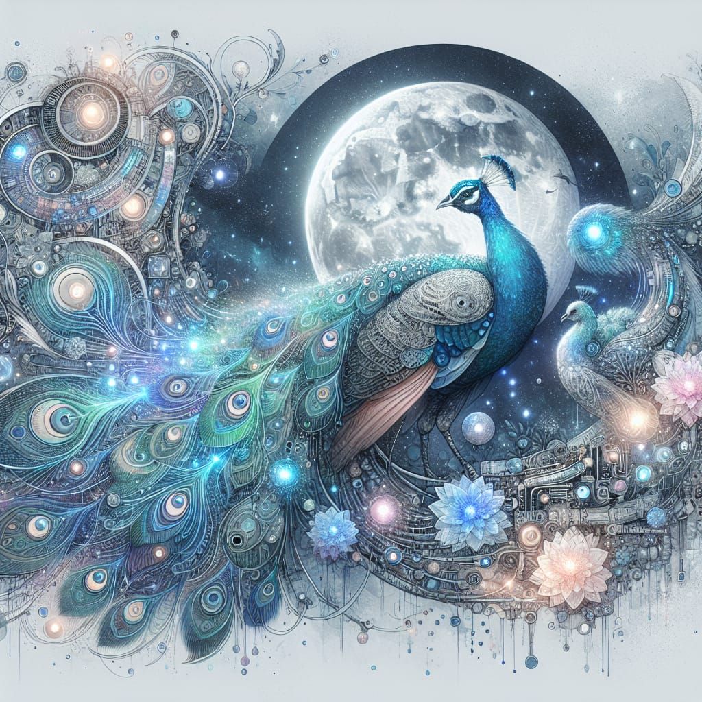 Steampunk Biopunk Peacock in Ethereal Blue Aura