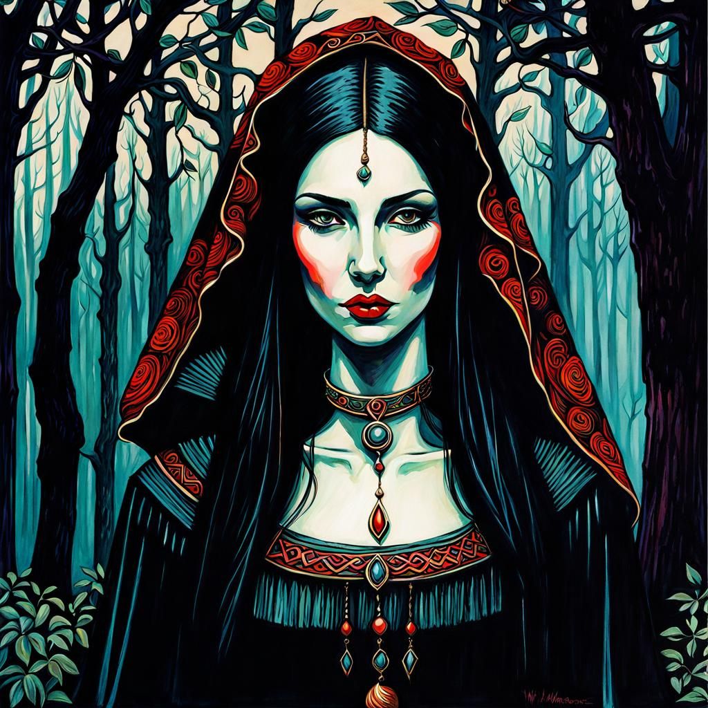 Gothic Druidess in Dreamy Gouache Ink Print