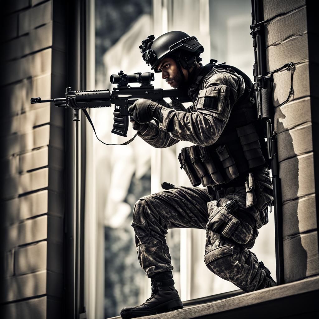 Hyperrealistic SWAT Soldier Rappelling, Cinematic HDR