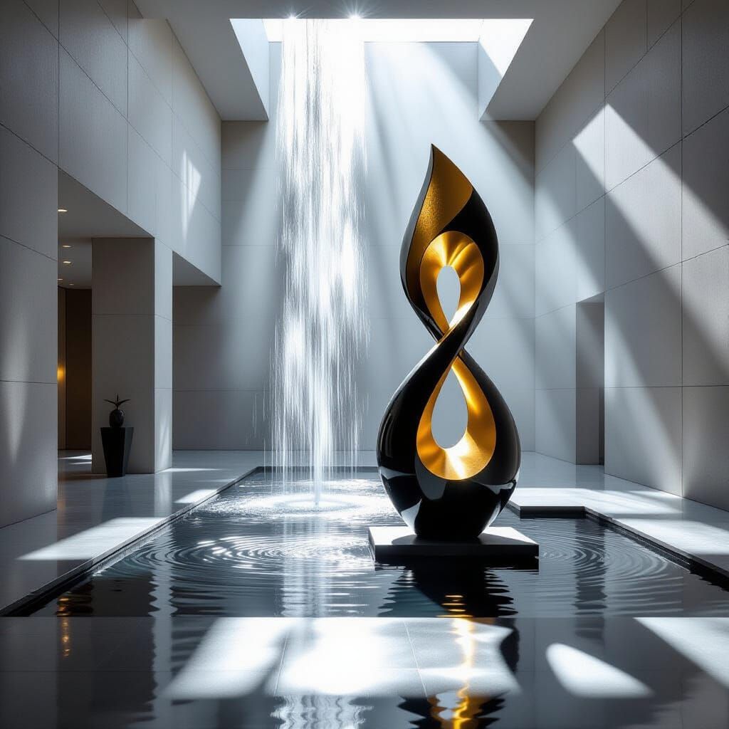 Surreal Monochrome Photo of Minimalist Lobby with Cubist Sta...