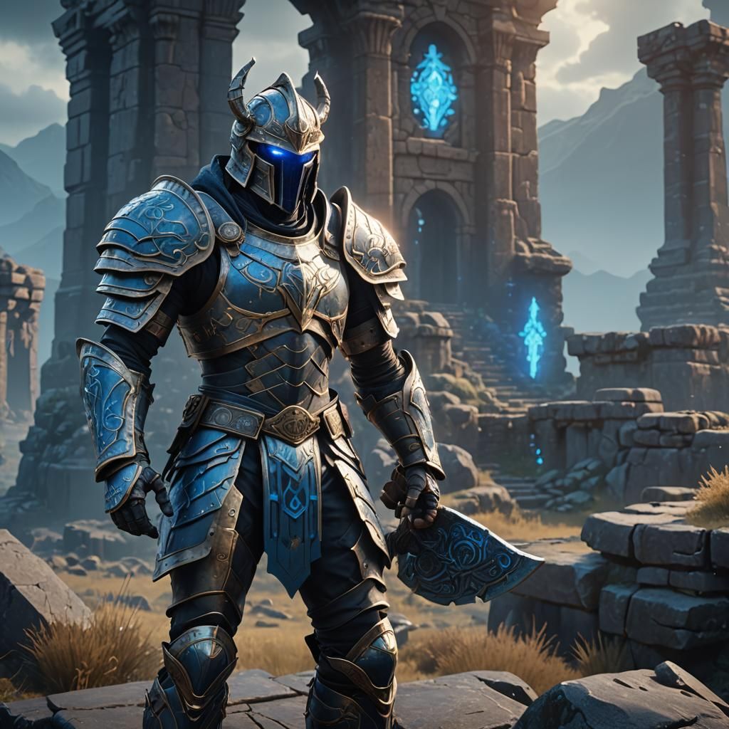 Armored Warrior on Ancient Ruins in 3D Game Style