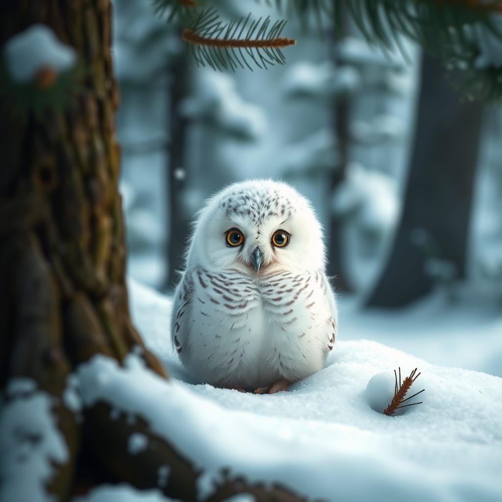 Snowy Owl Chick in Winter Forest
