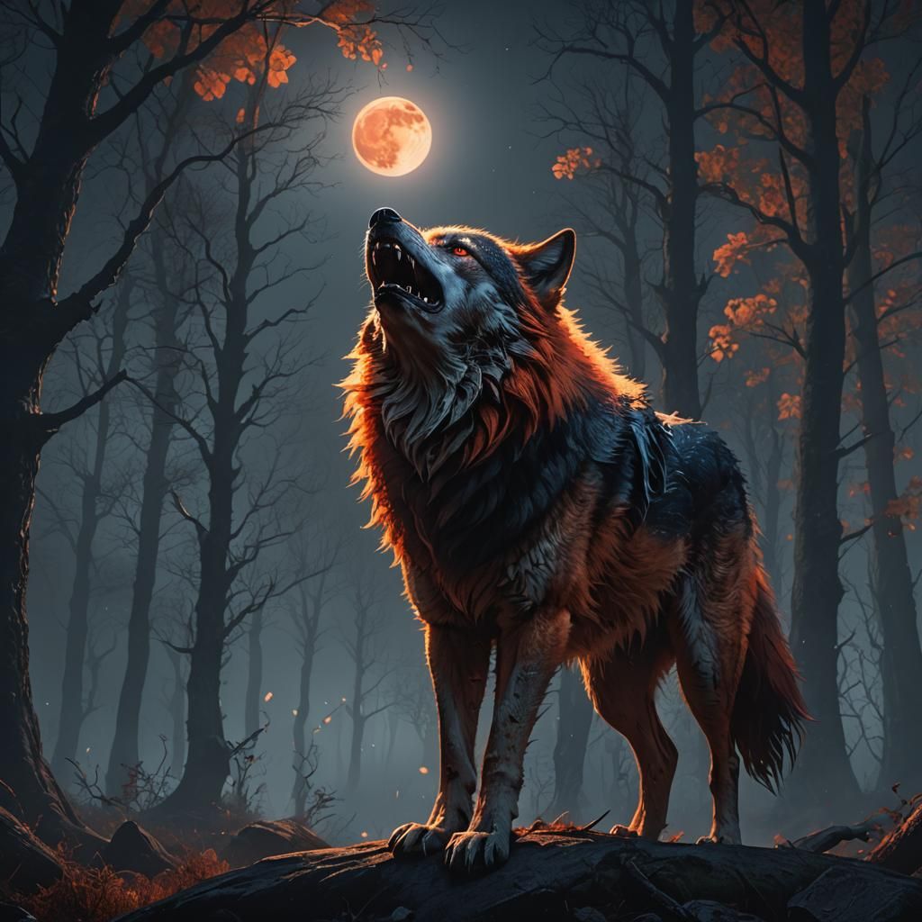 Blood Wolf Howling at Moon, Digital Matte Painting