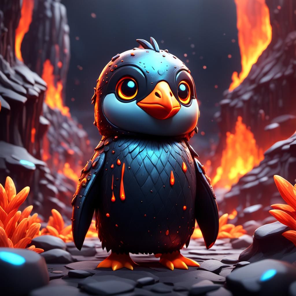 Detailed Chibi Lava Penguin in Fantasy Art Style