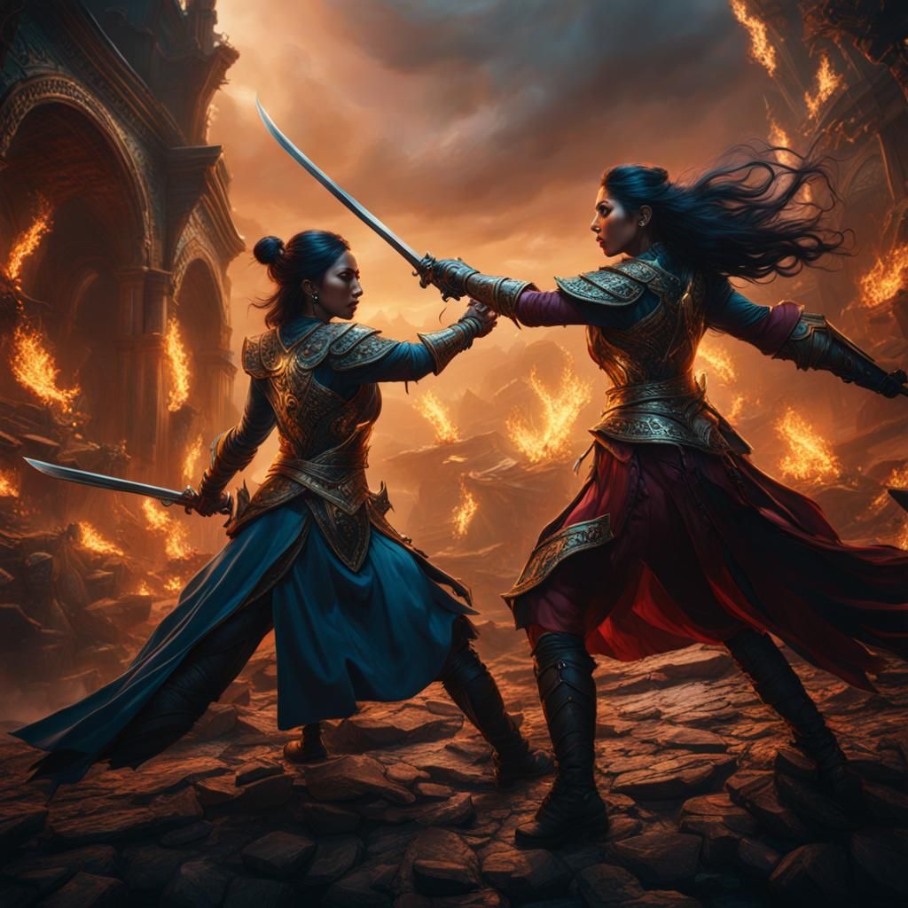 Women Fighting: Detailed Matte Painting in Fantasy Art Style