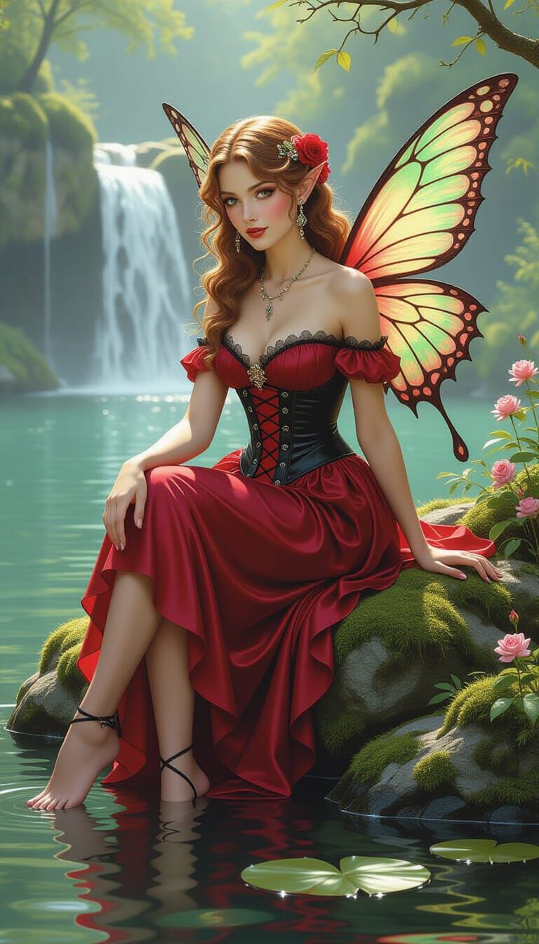 Crimson Fairy by Pond, Romantic Art Style