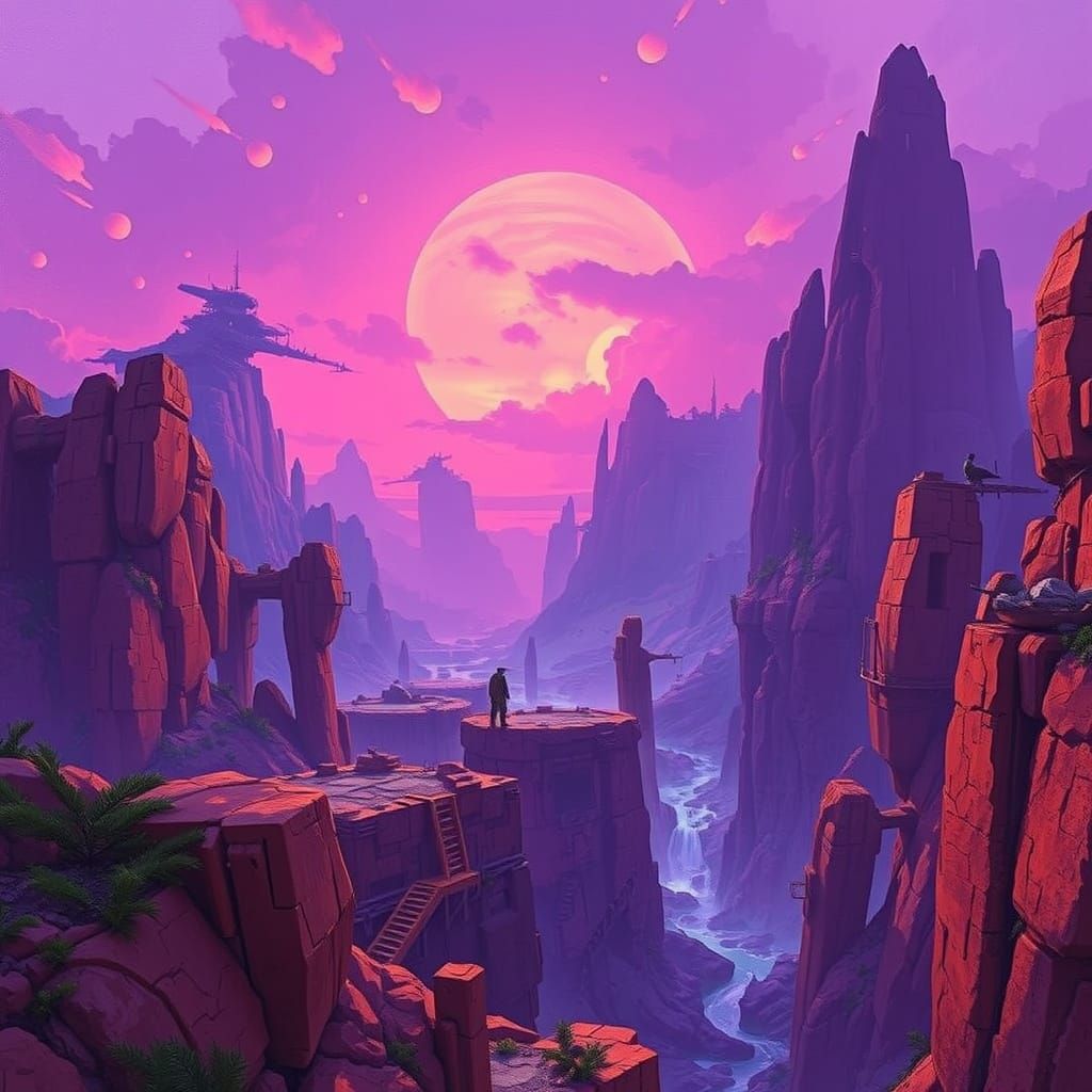 Surreal Futuristic Cityscape in Vibrant Purple and Orange