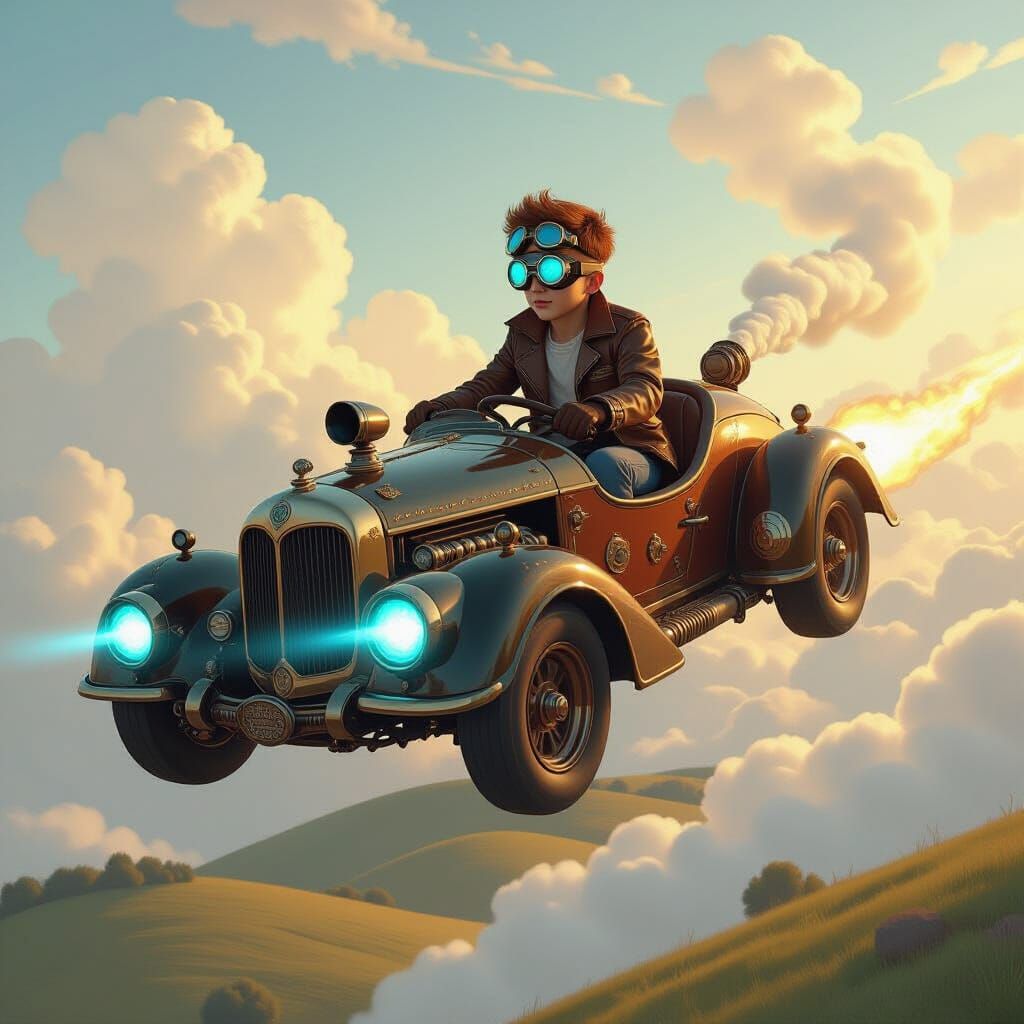 Boy Drives Steampunk Car Above Rolling Hills